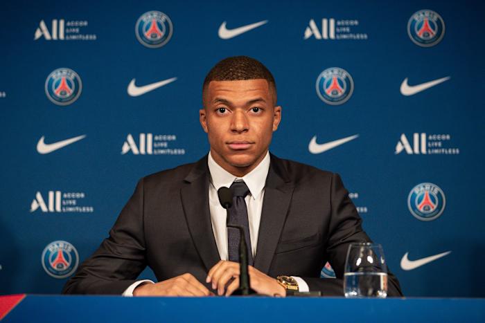 Kylian Mbappe pictured at his PSG press conference in May 2022